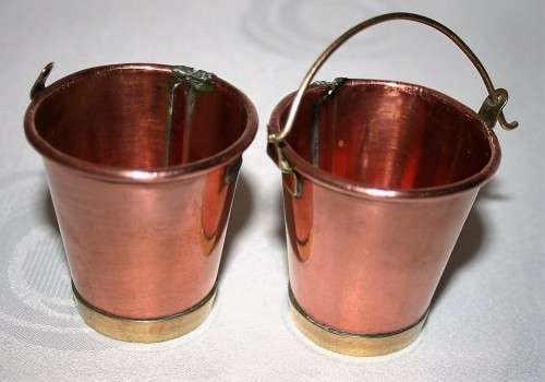 Two Miniature Copper Buckets One with Handle Mini Dollhouse Bucket Copper Country Kitchen Wall