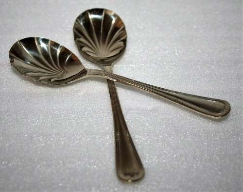 Two Vintage Deep silver Shell Sugar Spoon ... SIPELIA RUSLESS NICKLE SILVER SHEFFIELD ENGLAND