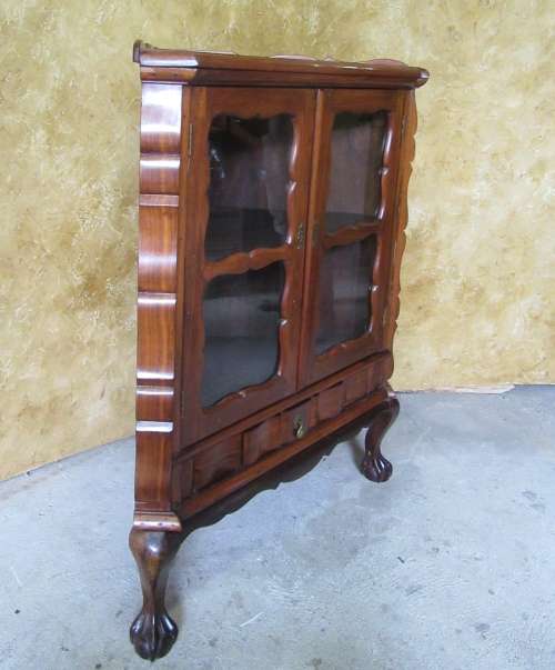 AN EXQUISITE VINTAGE IMBUIA BALL & CLAW CORNER DISPLAY CABINET w A DRAWER, BEAUTIFUL WOODWORK!!