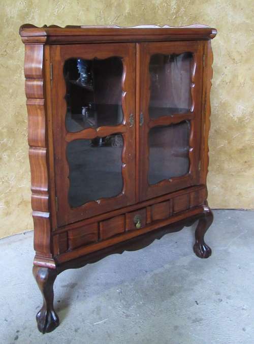 AN EXQUISITE VINTAGE IMBUIA BALL & CLAW CORNER DISPLAY CABINET w A DRAWER, BEAUTIFUL WOODWORK!!