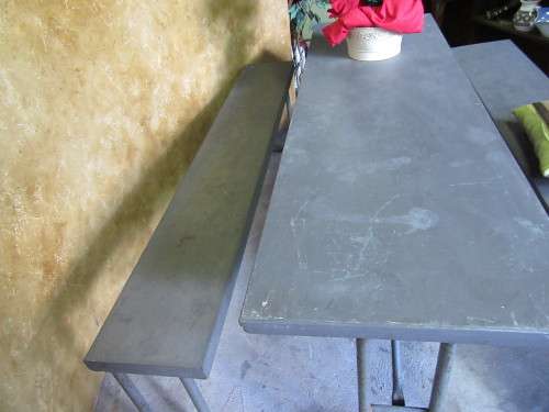 A FANTASTIC METAL TABLE WITH TWO BENCHES ATTACHED - PERFECT FOR A LAPA/PATIO OR GARDEN