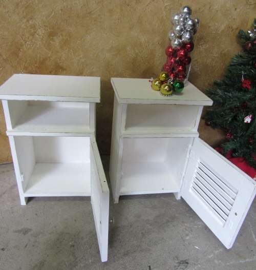 TWO CRISP WHITE SHABBY CHIC BED SIDE CABINETS -OR SIDE TABELS WITH A TWIST - STUNNING - BID PER EACH