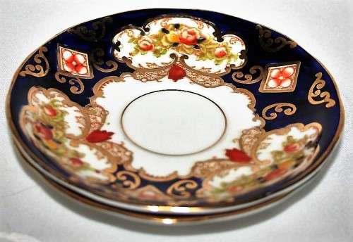 Two Royal Albert Crown China tea saucers Stylish Blue and orange border in the Imari style. Pattern