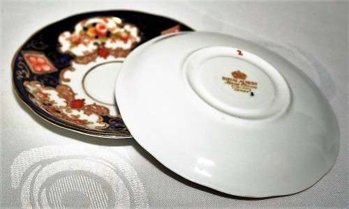 Two Royal Albert Crown China tea saucers Stylish Blue and orange border in the Imari style. Pattern