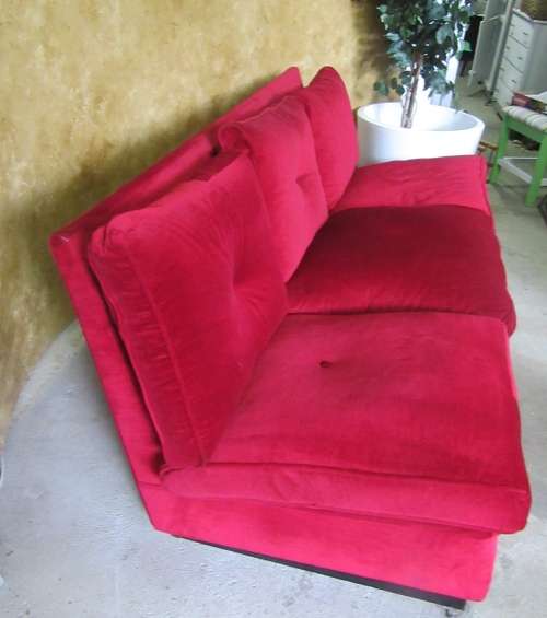 WOW THIS IS FANTASTIC RETRO THREE SEATER IN ORIGINAL VIBRANT RED FABRIC IN GOOD CONDITION
