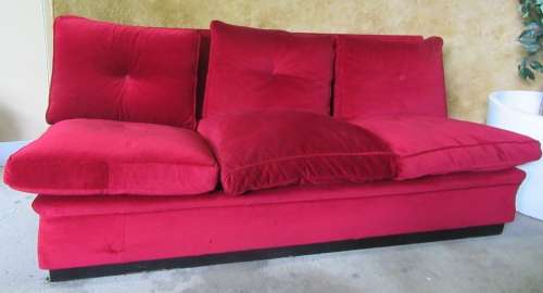 WOW THIS IS FANTASTIC RETRO THREE SEATER IN ORIGINAL VIBRANT RED FABRIC IN GOOD CONDITION