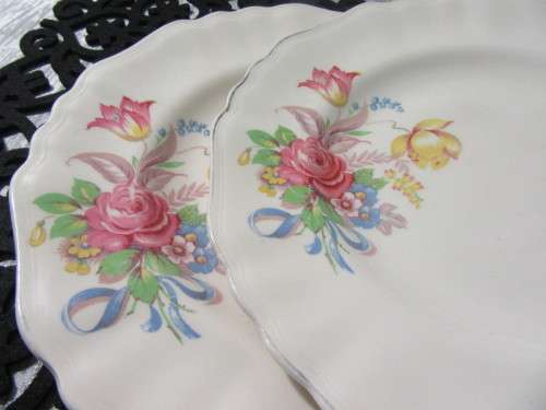 TWO ABSOLUTELY BEAUTIFUL AND TRULY ELEGANT DINNER PLATES J&G MEAKIN OF ENGLAND ROSE & RIBON SERIES"