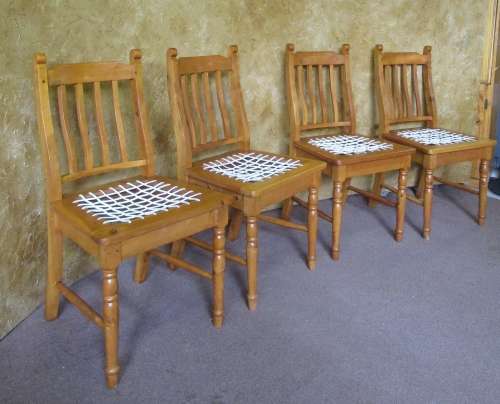 FOUR GORGEOUS COTTAGE STYLE SOLLID WOOD RIEMPIE CHAIRS IN GOOD CONDITION BID PER EACH -
