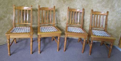 FOUR GORGEOUS COTTAGE STYLE SOLLID WOOD RIEMPIE CHAIRS IN GOOD CONDITION BID PER EACH -