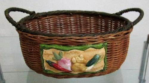 A Gorgeous Country style Oval Wicker Basket with Handles and Ceramic decorative plaque