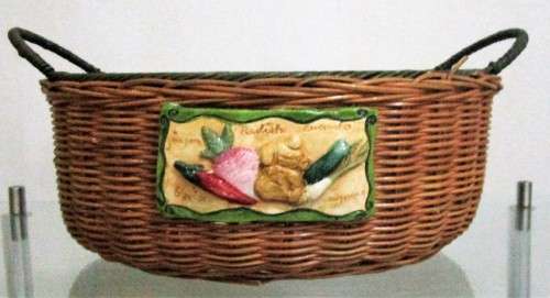 A Gorgeous Country style Oval Wicker Basket with Handles and Ceramic decorative plaque