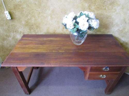 A MARVELOUS SOLLID WOOD DESK - WITH TWO DRAWERS WITH BRASS HANDLES - WILL BE FANTASTIC TO WORK