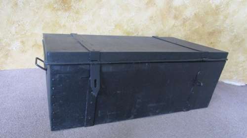 A MARVELOUS VINTAGE METAL TRUNK FINISHED IN A BLACK CHALK PAINT - PERFECT FOR A KIDS TOY BOX -