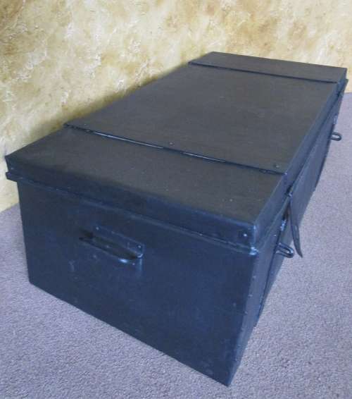 A MARVELOUS VINTAGE METAL TRUNK FINISHED IN A BLACK CHALK PAINT - PERFECT FOR A KIDS TOY BOX -