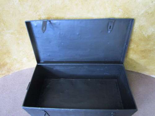 A MARVELOUS VINTAGE METAL TRUNK FINISHED IN A BLACK CHALK PAINT - PERFECT FOR A KIDS TOY BOX -