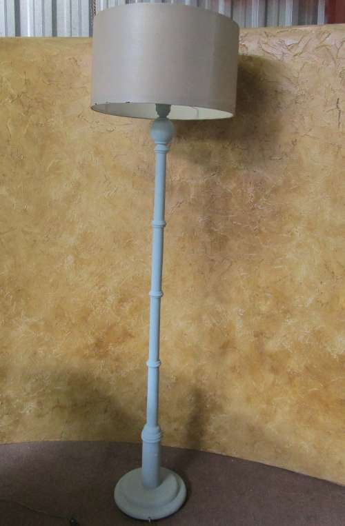 A FANTASTIC PAINTED STANDING LAMP WITH A LARGE SHADE FINISHED IN DUCK EGG CHALK PAINT