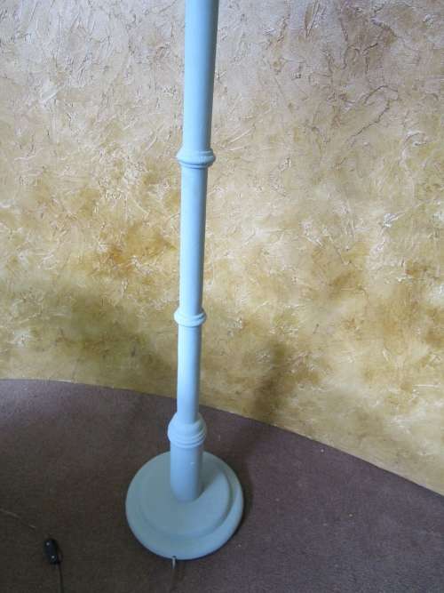 A FANTASTIC PAINTED STANDING LAMP WITH A LARGE SHADE FINISHED IN DUCK EGG CHALK PAINT