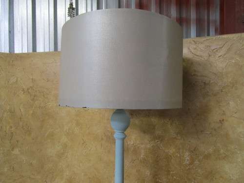 A FANTASTIC PAINTED STANDING LAMP WITH A LARGE SHADE FINISHED IN DUCK EGG CHALK PAINT