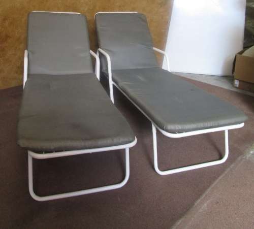 TWO LOVLEY VINTAGE METAL LOUNGERS CUSHIONS INCLUDED BID PER EACH