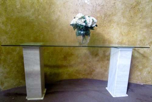 TWO LARGE MARBLE PILLARS WITH A LONG HEAVY TAPERED GLASS TOP - PERFECT FOR A ENTRANCE HALL