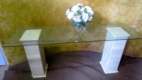 TWO LARGE MARBLE PILLARS WITH A LONG HEAVY TAPERED GLASS TOP - PERFECT FOR A ENTRANCE HALL