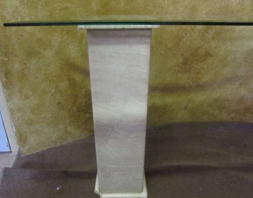 TWO LARGE MARBLE PILLARS WITH A LONG HEAVY TAPERED GLASS TOP - PERFECT FOR A ENTRANCE HALL