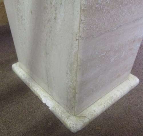 TWO LARGE MARBLE PILLARS WITH A LONG HEAVY TAPERED GLASS TOP - PERFECT FOR A ENTRANCE HALL