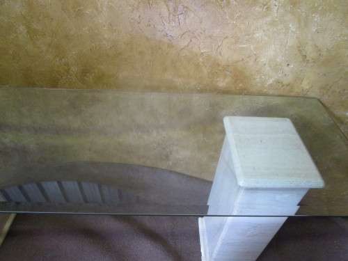 TWO LARGE MARBLE PILLARS WITH A LONG HEAVY TAPERED GLASS TOP - PERFECT FOR A ENTRANCE HALL