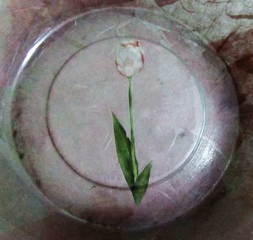 A BEAUTIFULLY DESIGNED FLORAL SHAPED LARGE GLASS BOWL IN PASTEL PINK DECORATED WITH TULIPS