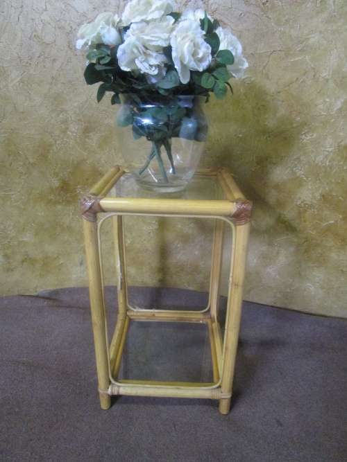 A LOVLEY VINTAGE TALL CANE TABLE WITH TWO GLASS TOPS - CANE IS LOVLEY TO FINISH IN A PAINT