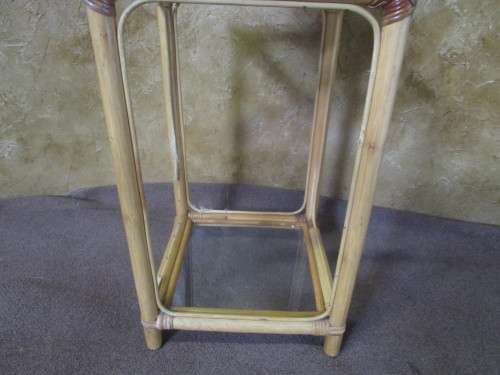 A LOVLEY VINTAGE TALL CANE TABLE WITH TWO GLASS TOPS - CANE IS LOVLEY TO FINISH IN A PAINT