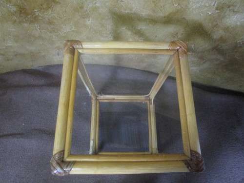A LOVLEY VINTAGE TALL CANE TABLE WITH TWO GLASS TOPS - CANE IS LOVLEY TO FINISH IN A PAINT