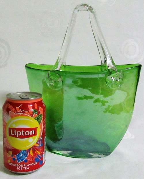 A marvelous Studio Art Glass Purse Handbag with a lovely Textured Green-Applied Clear Glass Handles