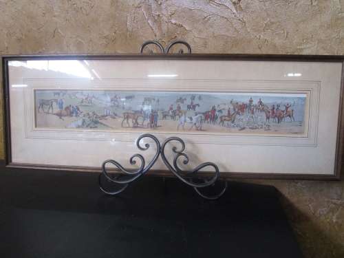 A MARVELOUS HUNTING WITH HORSES AND HOUNDS ANTIQUE SPORTING SCENE PRINT BEHIND GLASS