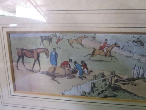 A MARVELOUS HUNTING WITH HORSES AND HOUNDS ANTIQUE SPORTING SCENE PRINT BEHIND GLASS