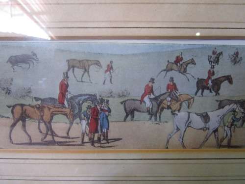 A MARVELOUS HUNTING WITH HORSES AND HOUNDS ANTIQUE SPORTING SCENE PRINT BEHIND GLASS