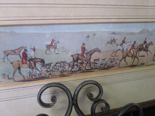 A MARVELOUS HUNTING WITH HORSES AND HOUNDS ANTIQUE SPORTING SCENE PRINT BEHIND GLASS