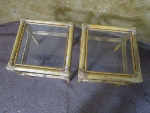 TWO LOVLEY CANE SIDE TABLES WITH GLASS TOPS PERFECT FOR THE PATION - BID PER EACH