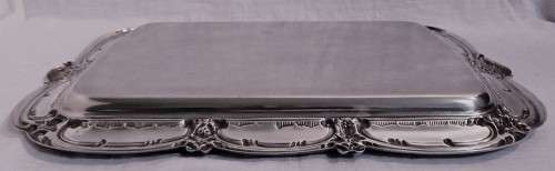 A Stylish Vintage rectangular silver plated tray. The base has ornate chased decoration and a raise
