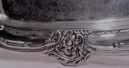 A Stylish Vintage rectangular silver plated tray. The base has ornate chased decoration and a raise
