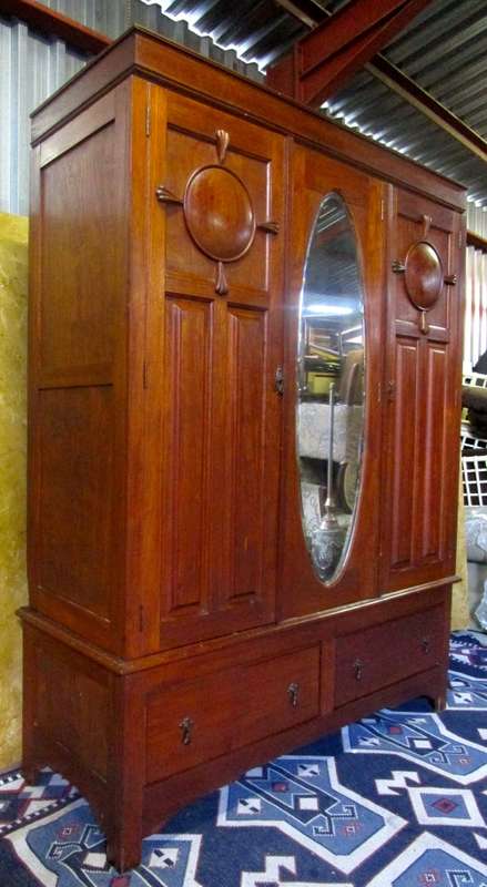 AN EXQUISITE THREE PIECE ANTIQUE BURMESE TEAK WARDROBE WITH 3 DOORS & 2 DRAWERS IN EXCELLENT CONDI