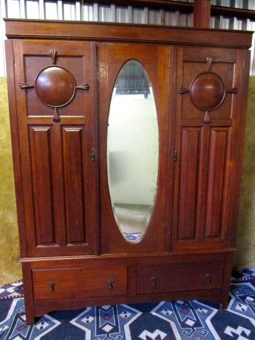 AN EXQUISITE THREE PIECE ANTIQUE BURMESE TEAK WARDROBE WITH 3 DOORS & 2 DRAWERS IN EXCELLENT CONDI