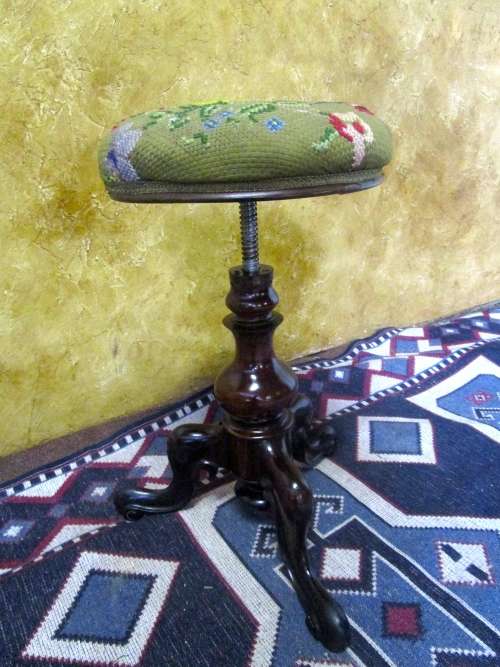 A MAGNIFICENT circa 1800's SOLID WALNUT? VICTORIAN PIANO STOOL WITH ORIGINAL TAPESTRY SEAT! WOW!!!