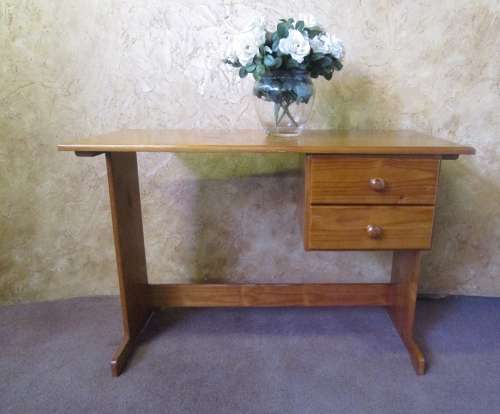 A AMAZING TWO DRAWER WOODEN DESK WITH A SHELF - STUNNING PIECE TO PAINT OR TO ENJOY THE WOOD PATINA