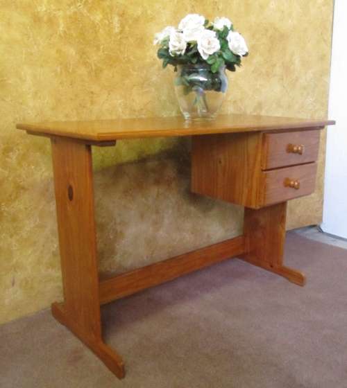 A AMAZING TWO DRAWER WOODEN DESK WITH A SHELF - STUNNING PIECE TO PAINT OR TO ENJOY THE WOOD PATINA