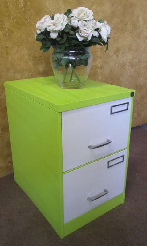 A BEAUTIFUL FUNKED UP TWO DRAWER METAL FILING CABINET - FROM DRAB TO FAB