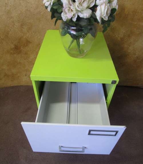 A BEAUTIFUL FUNKED UP TWO DRAWER METAL FILING CABINET - FROM DRAB TO FAB