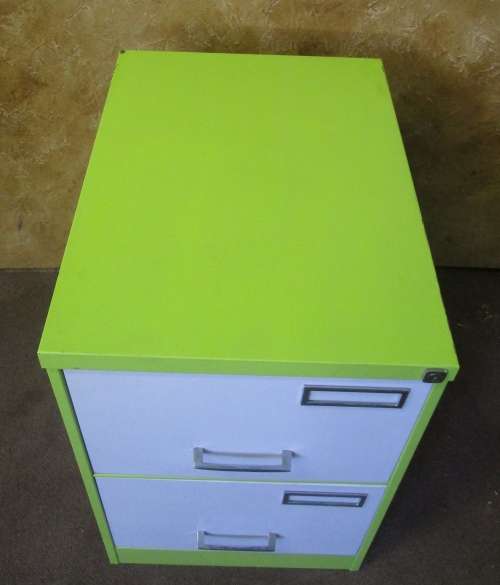 A BEAUTIFUL FUNKED UP TWO DRAWER METAL FILING CABINET - FROM DRAB TO FAB