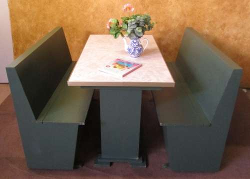 THIS IS A FANTASTIC TABLE WITH TO BENCHES WITH STORAGE SPACE - ADD TWO CHAIRS FOR A SIX SEATER