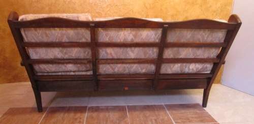 A FANTASTIC 3 PIECE IMBUIA LOUNGE SUITE WITH THE WAGAN WHEEL SIDES; ONE 3 SEATER &2 CHAIRS!